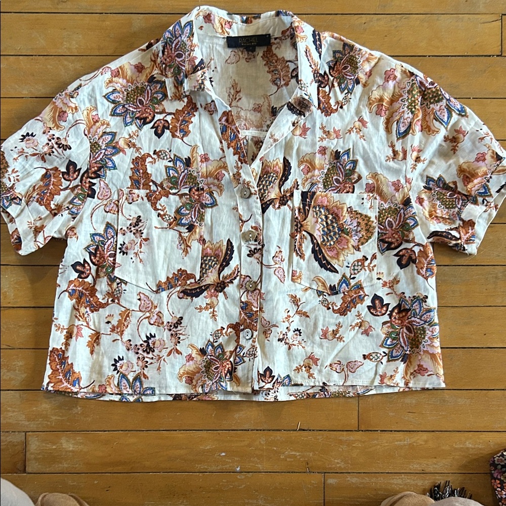 EUC RACHEL Rachel Roy Cream and rust Brown Floral cropped Top